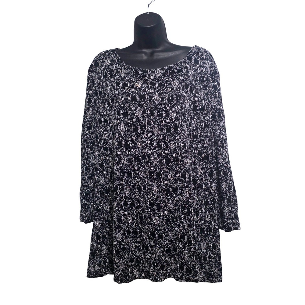 j.t.b. woman Black Silver Metallic Floral Lace Sequin Tunic Top 3X Made in USA